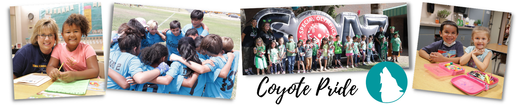 Photo collage of happy students next to Coyote Pride logo